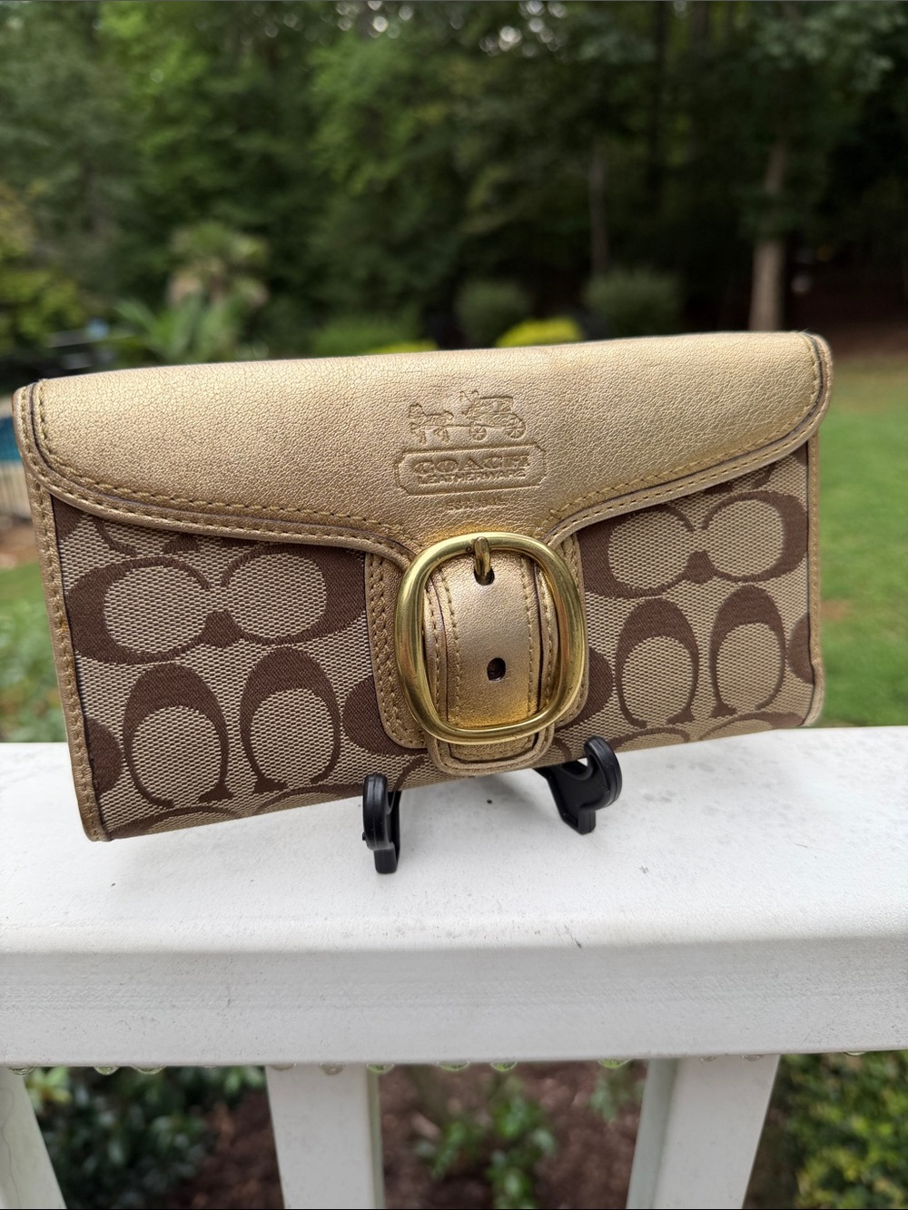 Coach Bleecker Signature Brown Canvas Gold Leather Buckle continental wallet